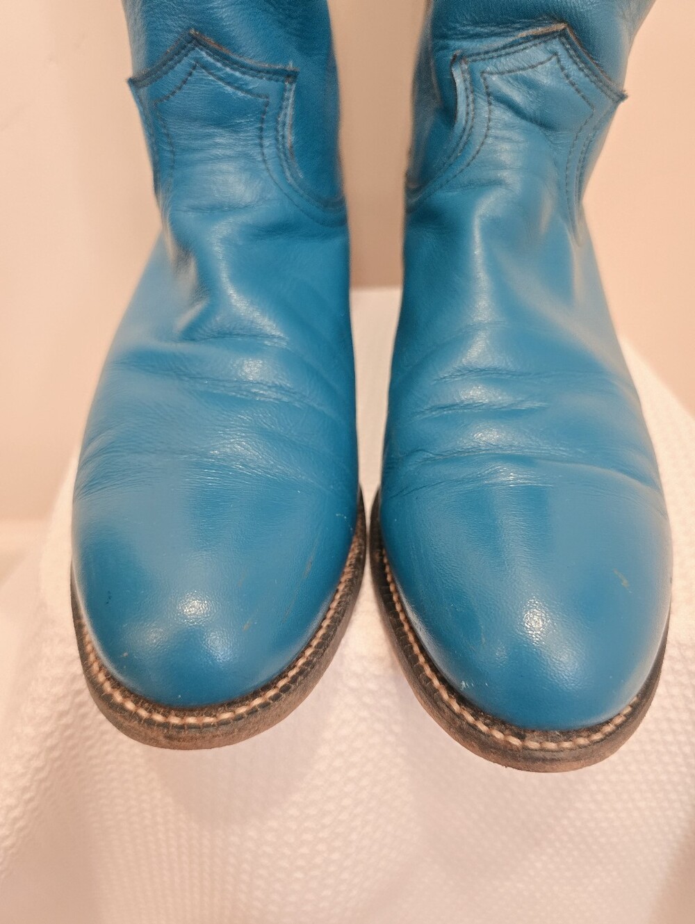 JUSTIN Womens Cowboy Boots Turquoise Leather Western Riding Ropers Size 8 B Vtg - Picture 2 of 10
